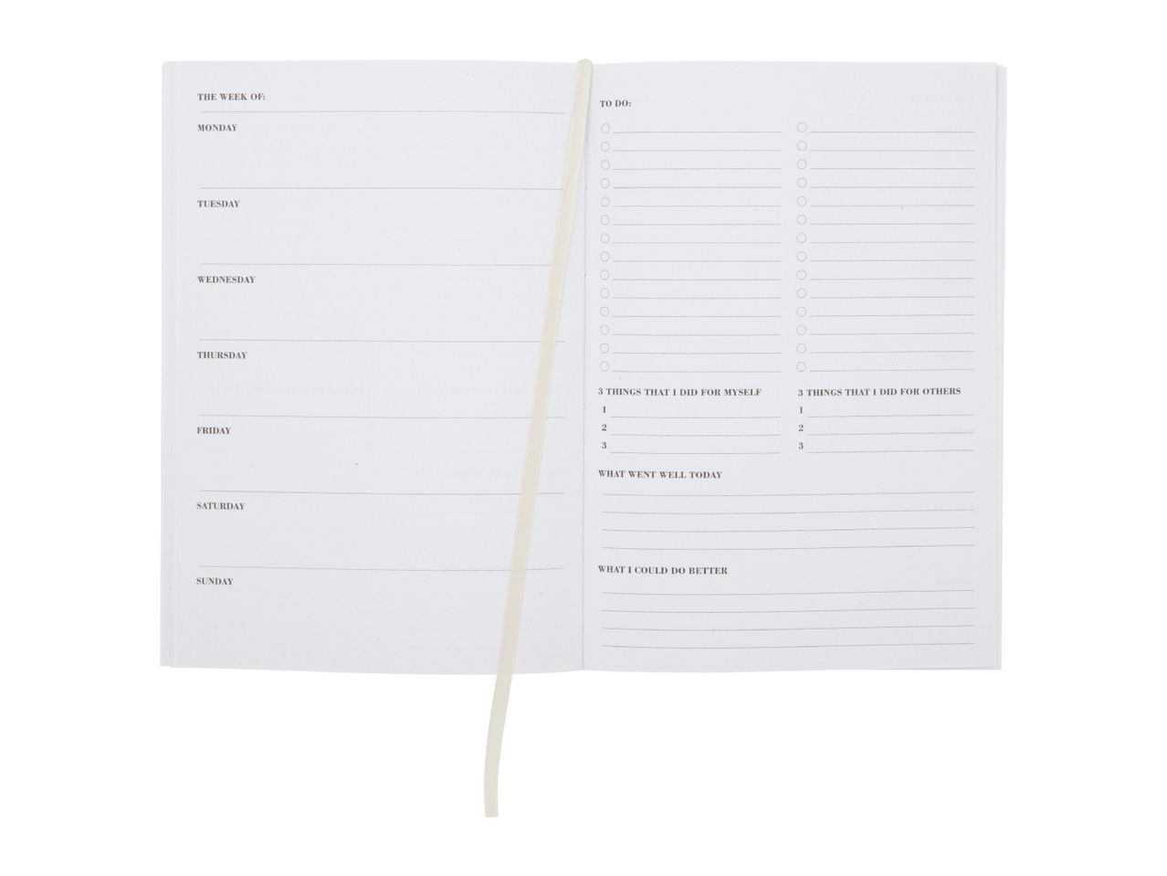 Open weekly planner with sections for daily tasks, a to-do list, and reflection.
