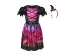 Halloween witch costume with a pink and purple dress and a witch hat headband