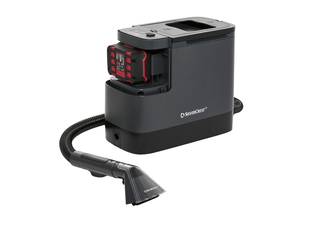 SILVERCREST® 20V Cordless Spot Cleaner with a battery pack and hose attachment