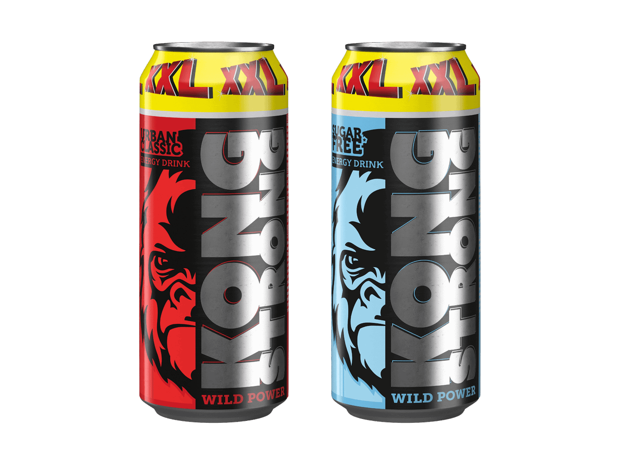Zwei Dosen King Kong XXL Energy Drink, eine klassische und eine zuckerfreie.