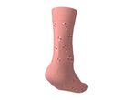 Pink sock with a festive candy cane pattern