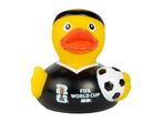 Rubber duck in a black football jersey holding a soccer ball, with a FIFA World Cup logo.