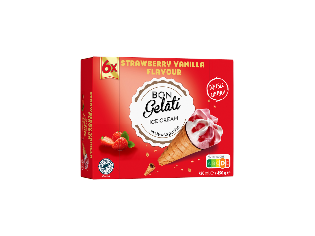 Bon Gelati eper-vanília ízű fagylaltkrém tölcsérben, 6 db, dupla ropogós.