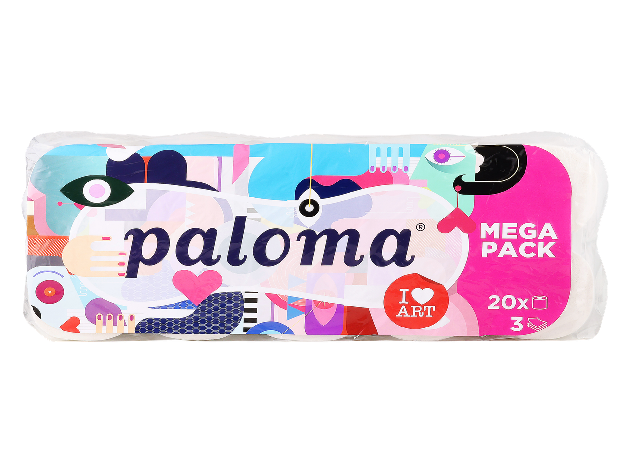 Paket toaletnega papirja z barvitim, abstraktnim dizajnom, napisom 'MEGA PACK' in 'I LOVE ART'.