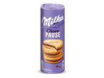 Paarse verpakking met koekjes gevuld met chocoladecrème, met de tekst 'Choco Pause'.