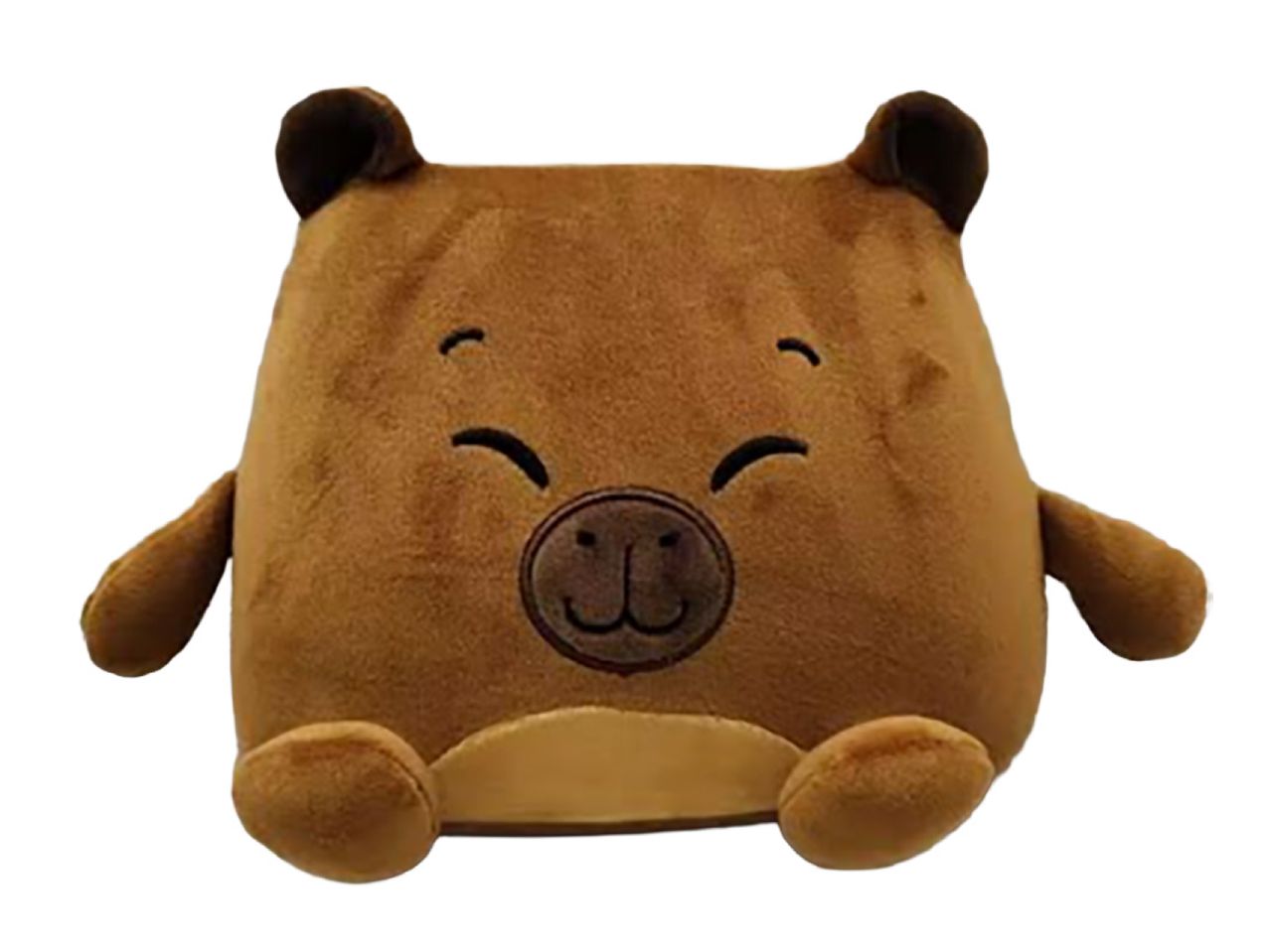 Brown square plush toy with a smiling bear face, small ears, and tiny arms and legs.