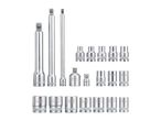 A set of silver-colored socket wrenches and extension bars, ranging from 6mm to 20mm.