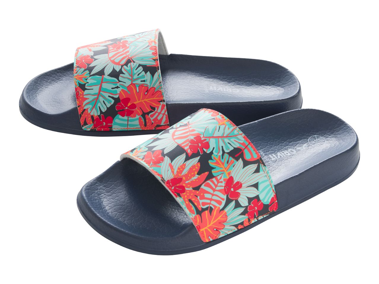 Pair of dark blue slides with a vibrant tropical floral pattern on the strap