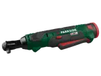 Cordless ratchet wrench in green, black, and red, with a visible square drive.