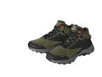 Pair of green and black hiking boots with orange accents.