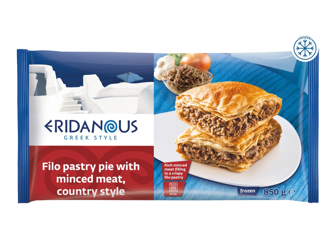 ERIDANOUS Greek Style frozen filo pastry pie with minced meat, country style, 850g