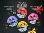 Štiri posodice jogurta Skyr z okusi jagode, borovnice, vanilije in maline, z ocenami in poudarki na visoki vsebnosti beljakovin.