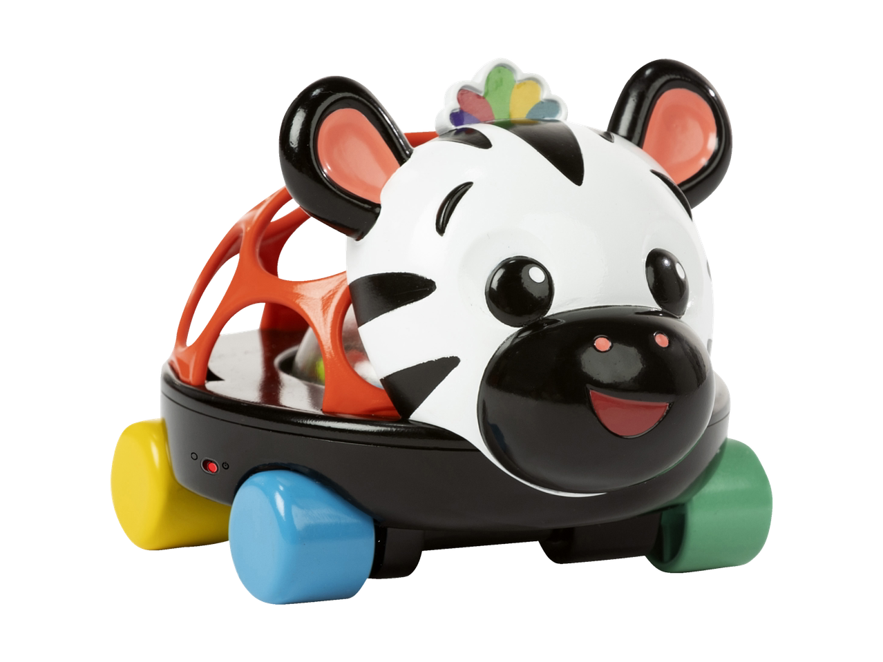 Zebra játék kerekekkel és színes sörénnyel.
