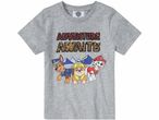 Maglietta grigia per bambini Paw Patrol con Chase, Rubble e Marshall e la scritta 'ADVENTURE AWAITS'.