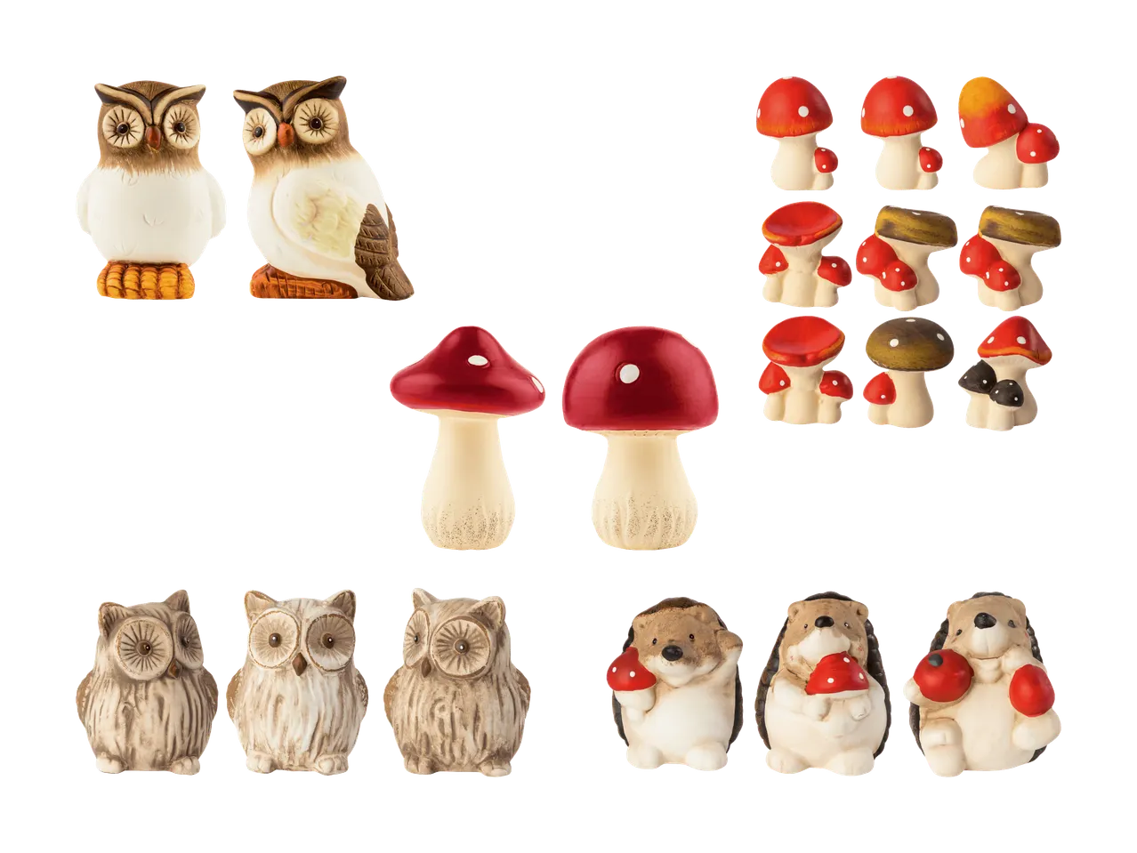 Dekorative Figuren von Eulen, Pilzen und Igeln im Herbststil.
