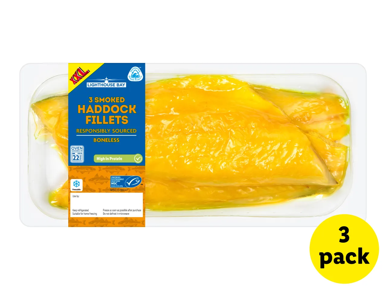 Pack of 3 smoked haddock fillets, responsibly sourced and boneless, with cooking instructions.