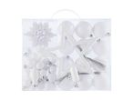 White Christmas ornament set with baubles, stars, and a snowflake in a clear box.
