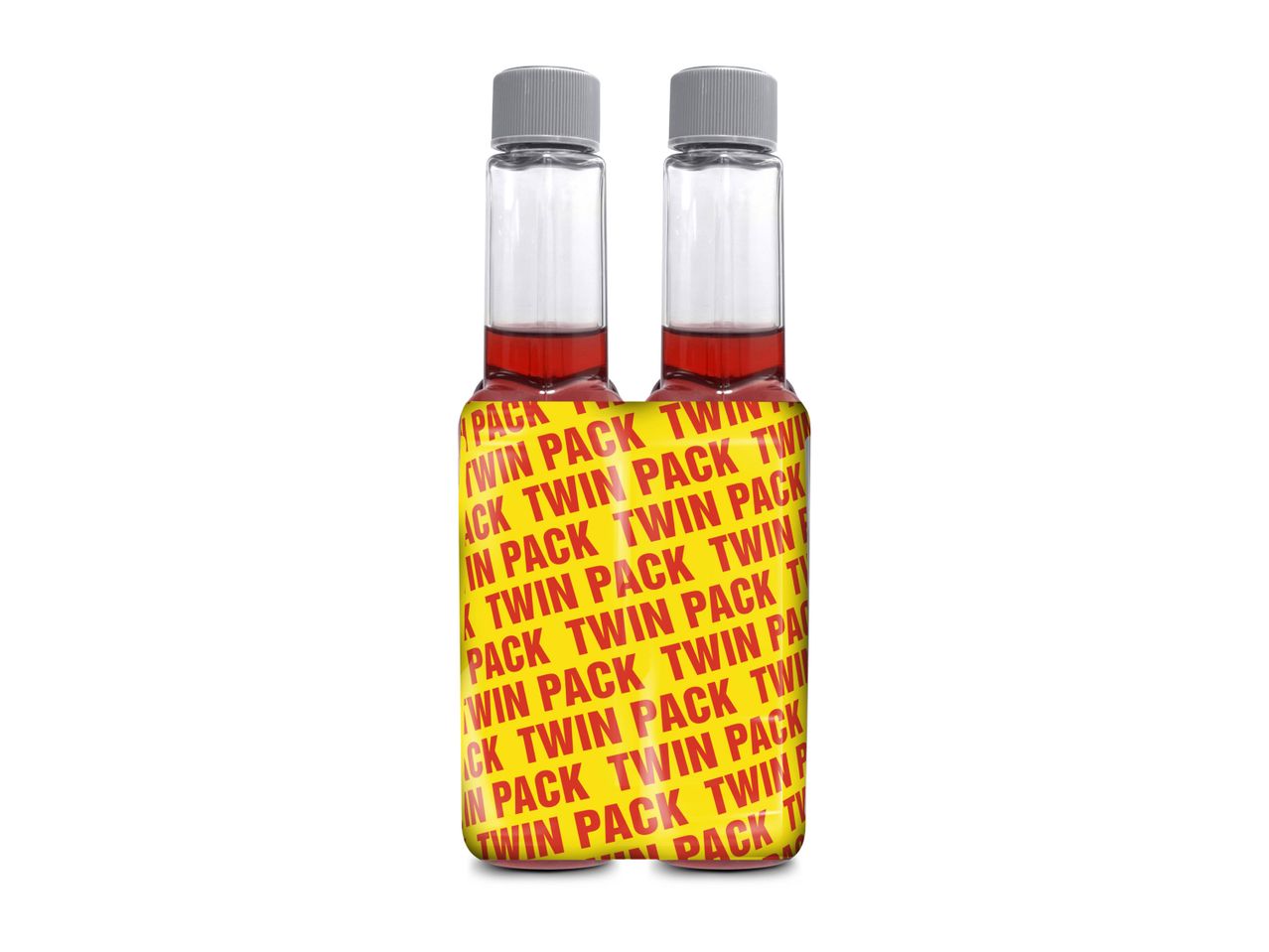 Twin pack of red liquid in yellow-labeled bottles.
