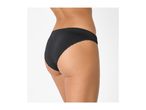 Rear view of a woman wearing black briefs with lace trim.