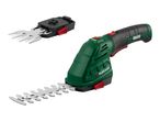 Cordless grass and shrub shears with two interchangeable blades, one for grass and one for shrubs.