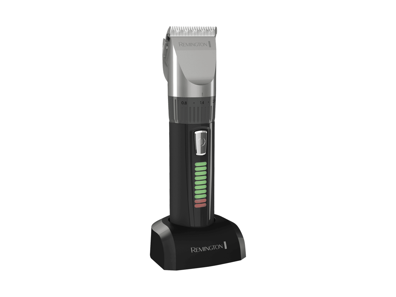 Tondeuse à cheveux électrique noire et argentée sur sa base de chargement.