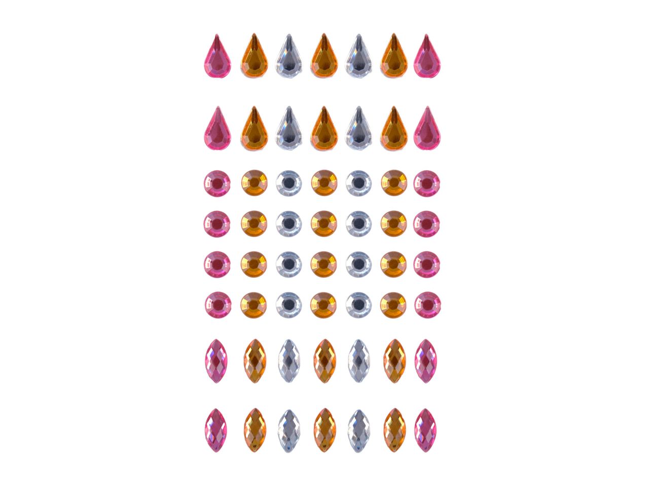 Assorted teardrop and square-shaped adhesive gems in pink, purple, and gold.