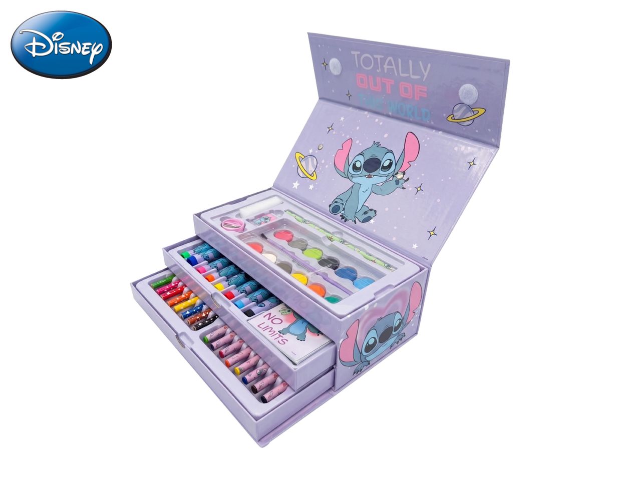 Purple art set with Stitch character, including watercolors, crayons, and markers, with text 'TOTALLY OUT OF THIS WORLD'.