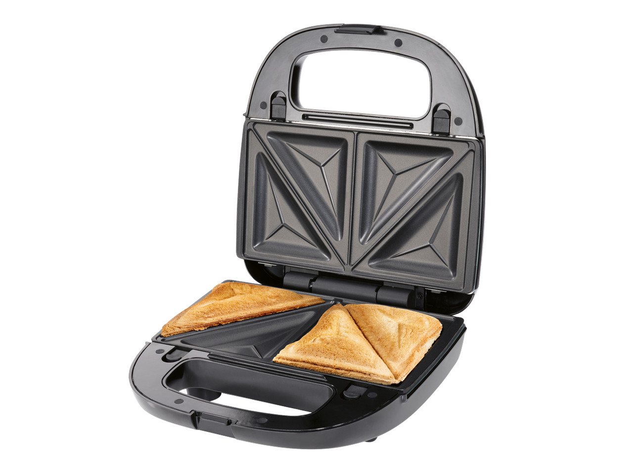 Un appareil à croque-monsieur noir ouvert avec deux croque-monsieur dorés et croustillants.