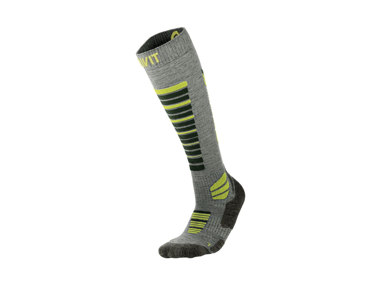 Grey ski sock with neon yellow and dark grey stripes and accents