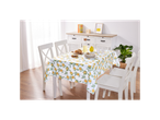 Lemon-print tablecloth and white chairs in a bright dining room.