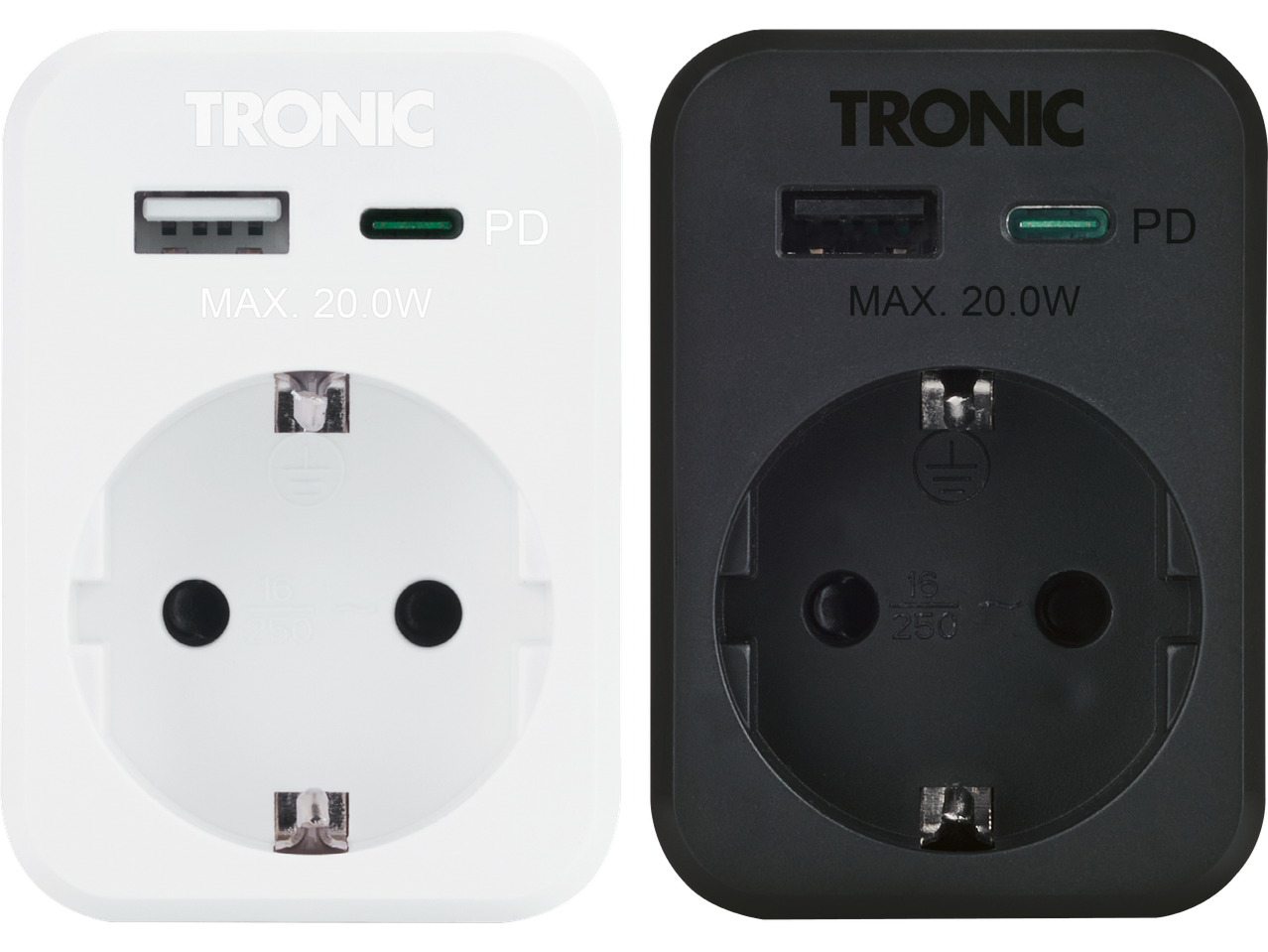 Två Tronic vägguttag med USB-laddningsportar, en vit och en svart.