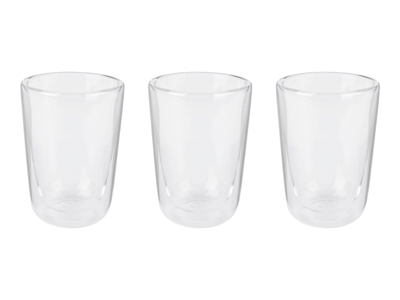 Three clear double-walled glasses on a white background.