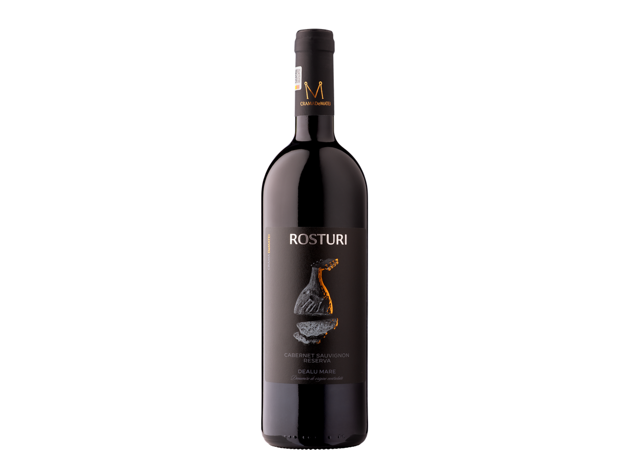 O sticlă de vin roșu Crama de Matei Rosturi Cabernet Sauvignon pe un fundal negru.