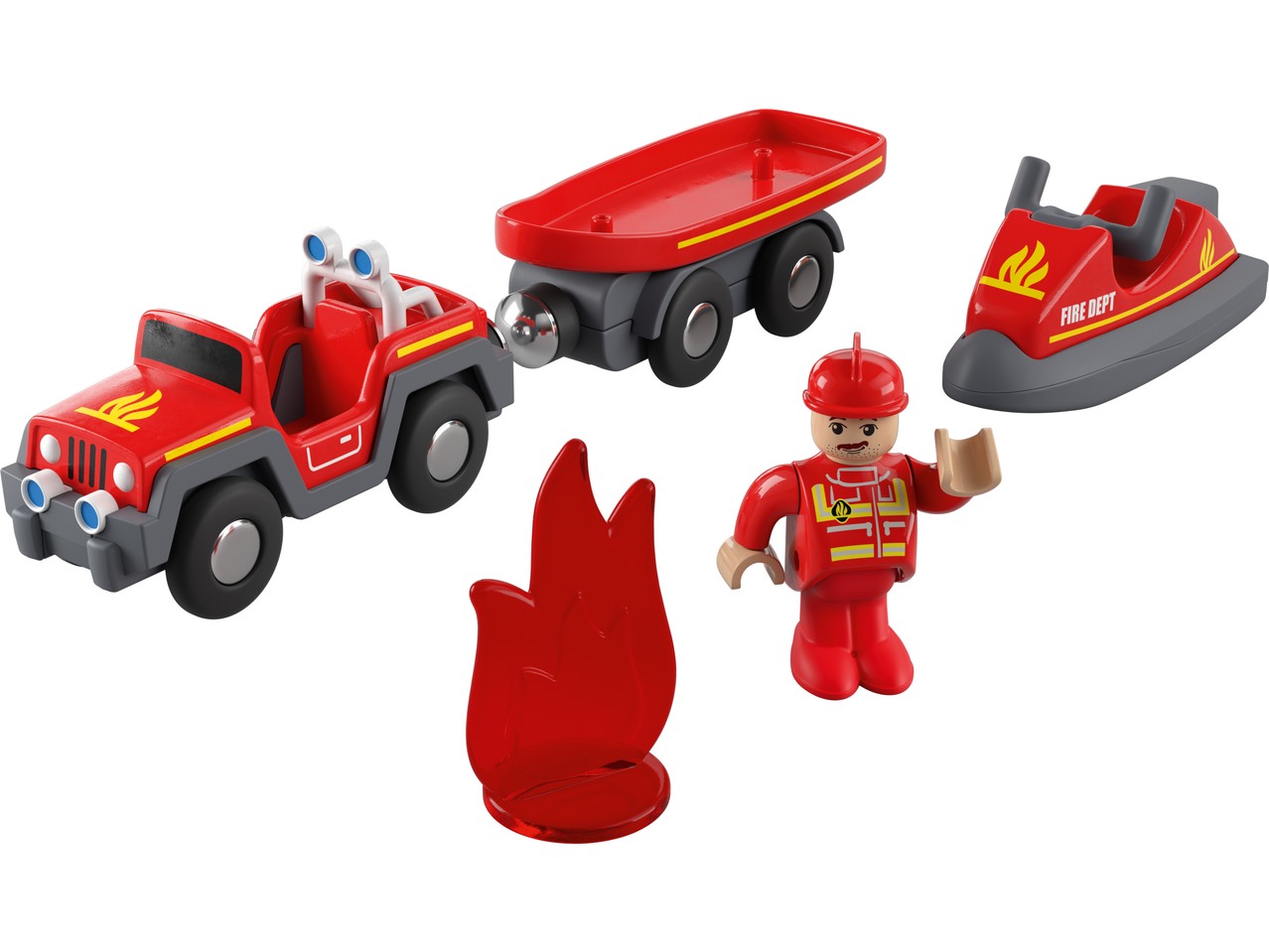 LUPILU® traukinio priedai: ugniagesio džipas, priekaba, vandens motociklas, ugniagesys ir liepsna.