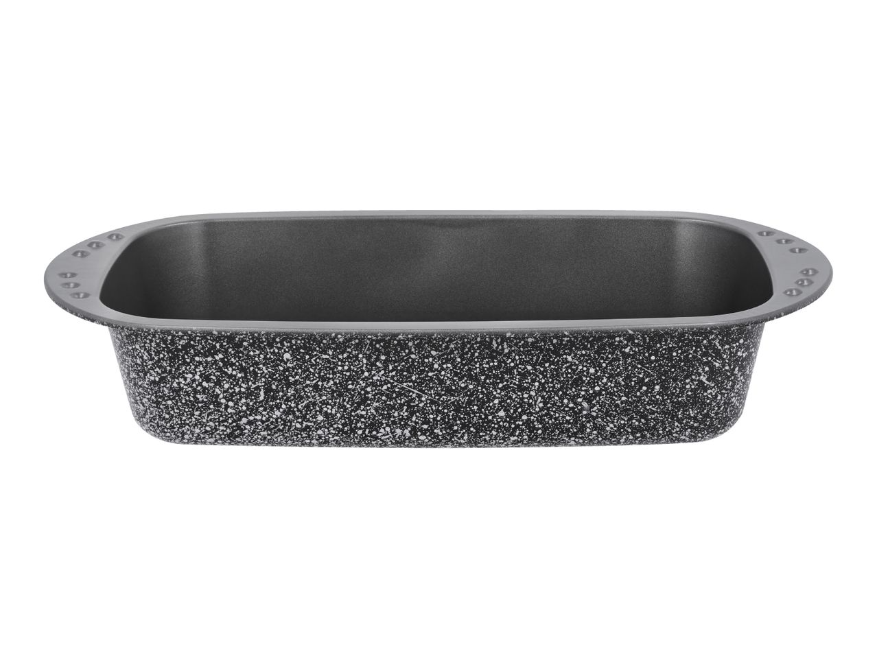 Rectangular baking pan with speckled exterior and grey interior