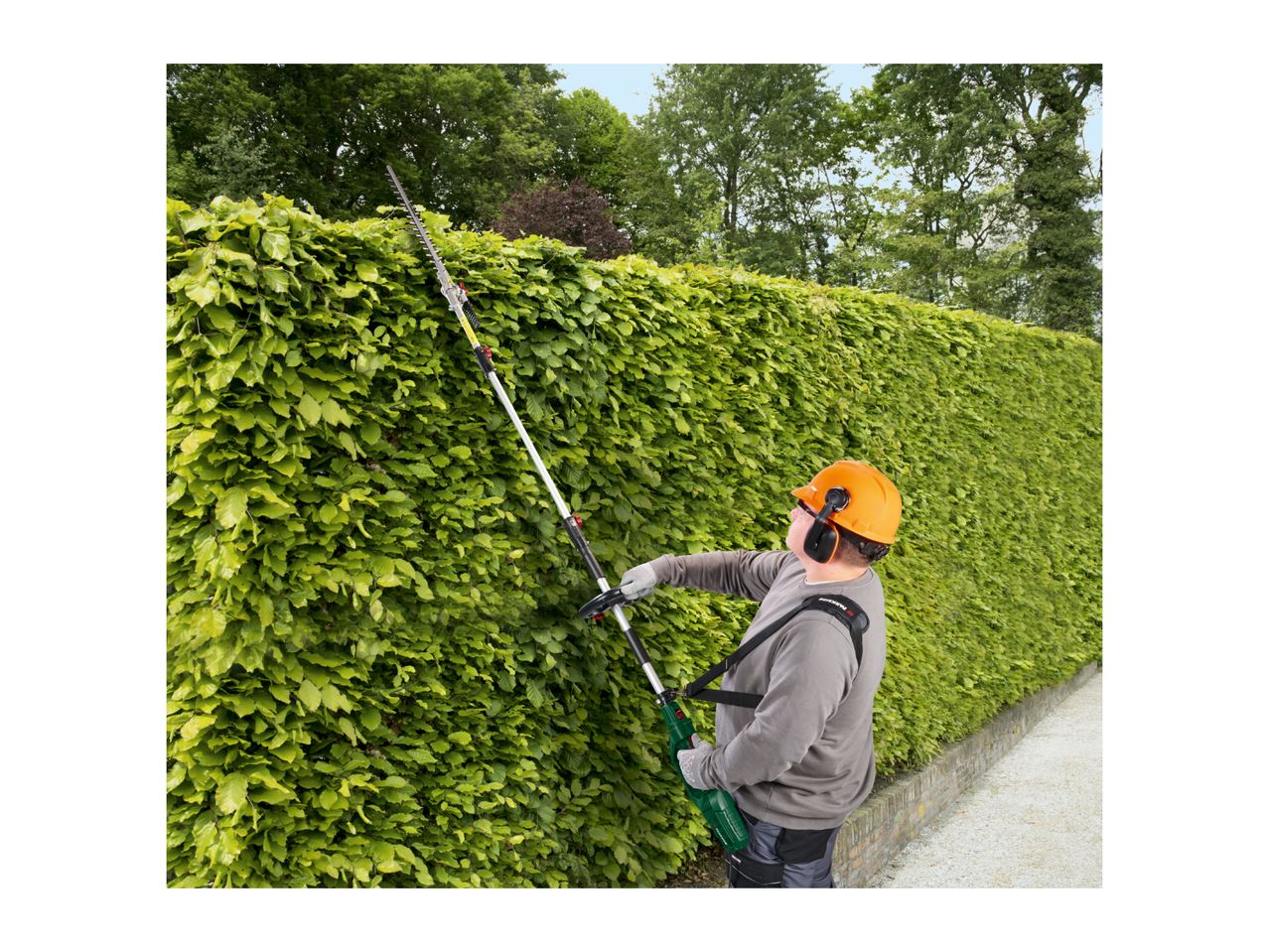 Man trimming a tall hedge with a long-reach hedge trimmer, wearing safety gear.