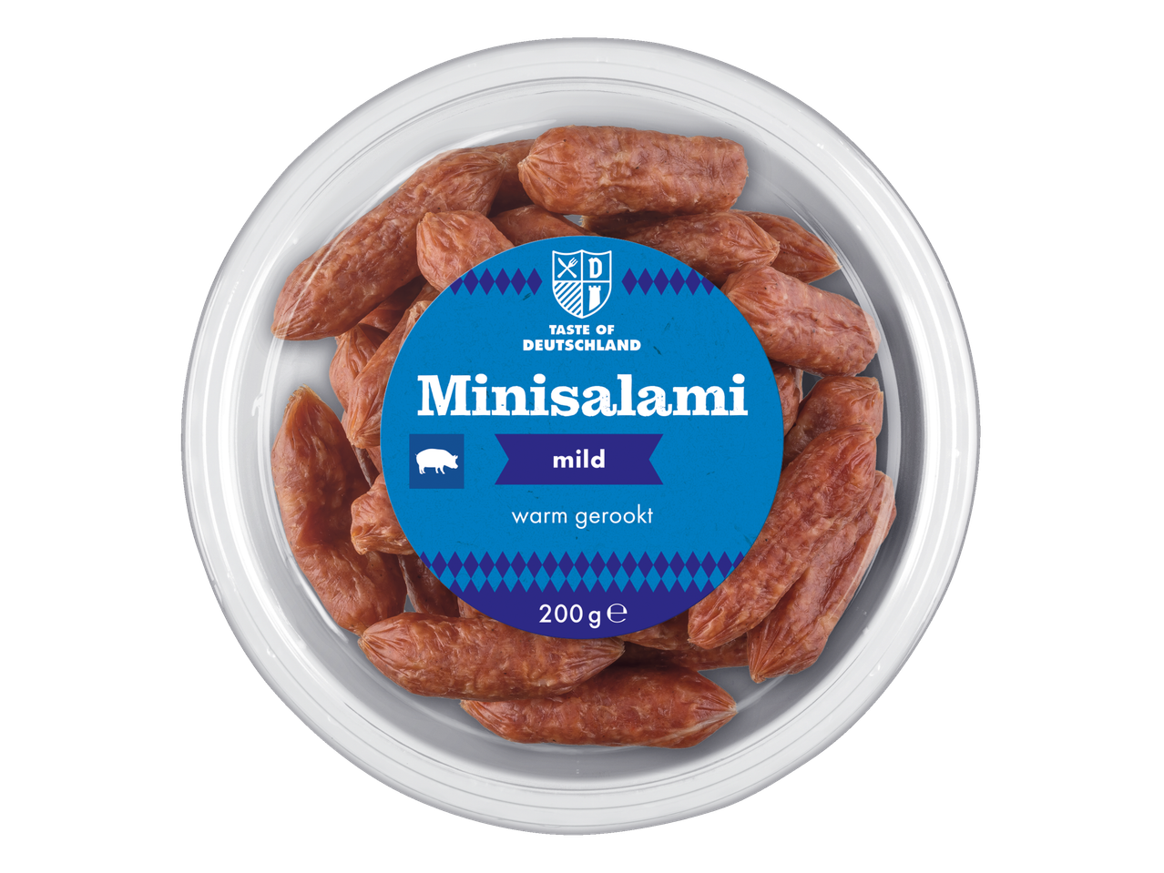 Minisalami mild, warm gerookt, 200g, in een doorzichtige plastic verpakking.