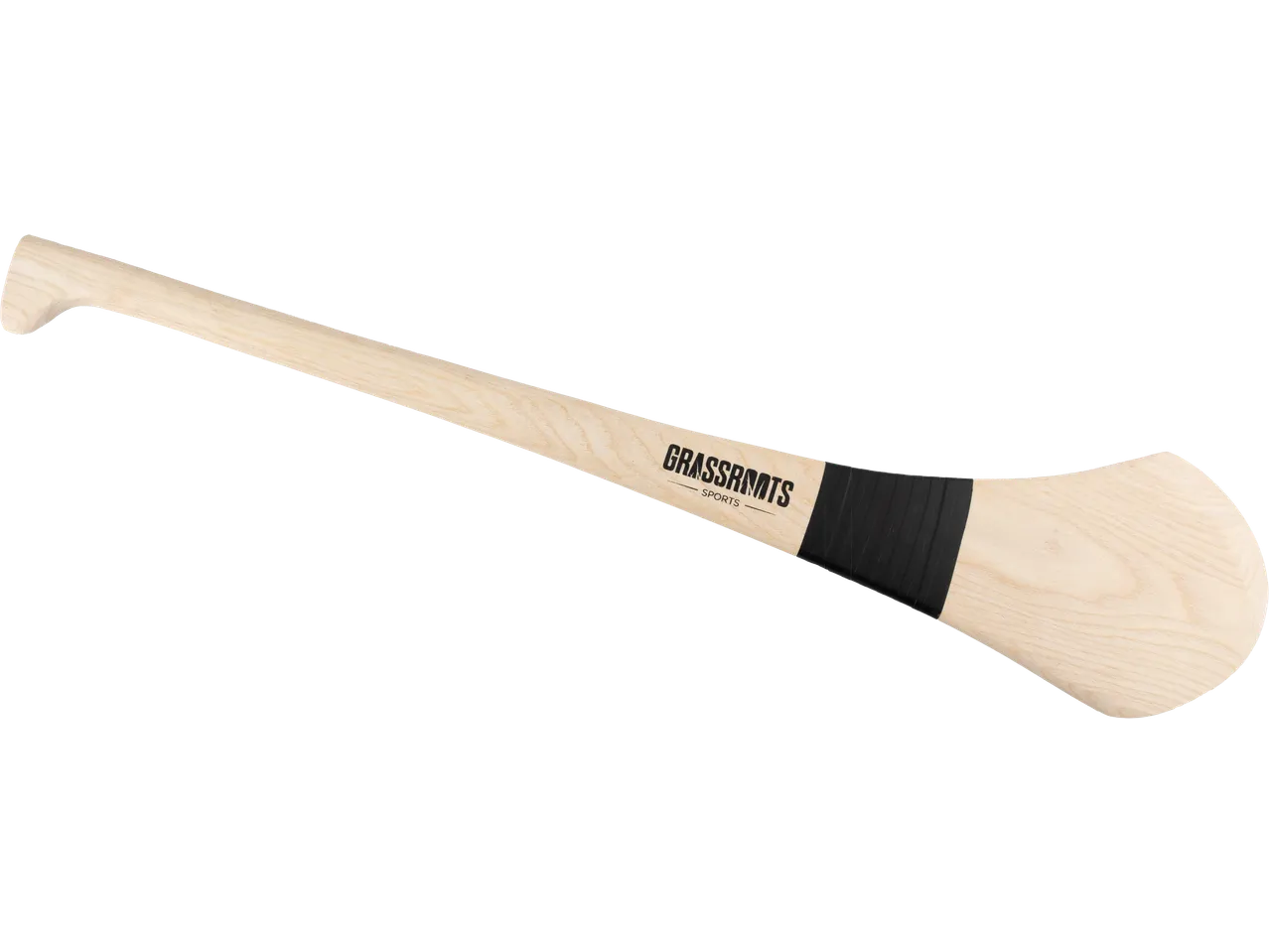 Wooden hurley with black grip and 'GRASSROOTS SPORTS' logo
