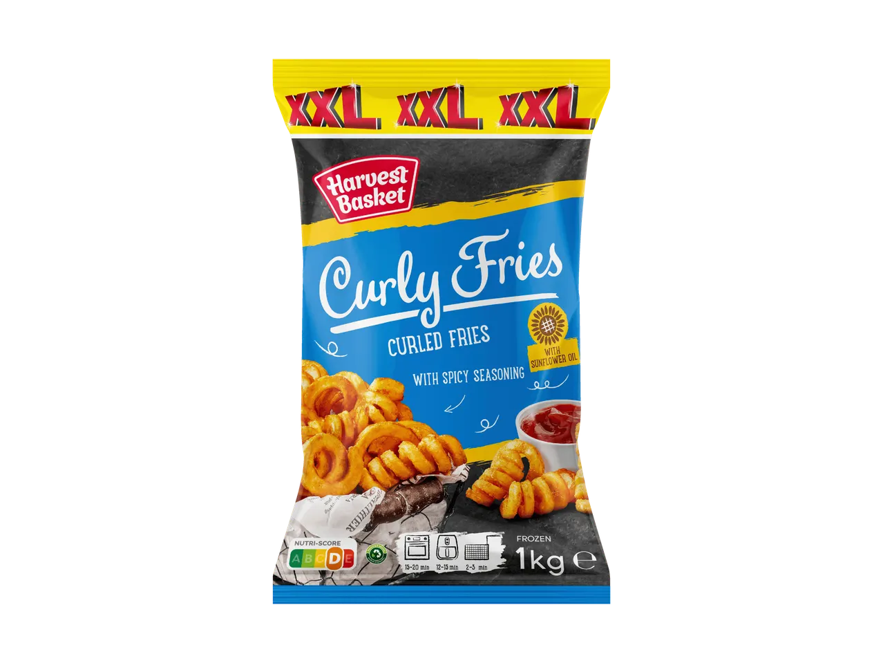 Sachet de frites bouclées surgelées avec assaisonnement épicé et huile de tournesol, 1kg.