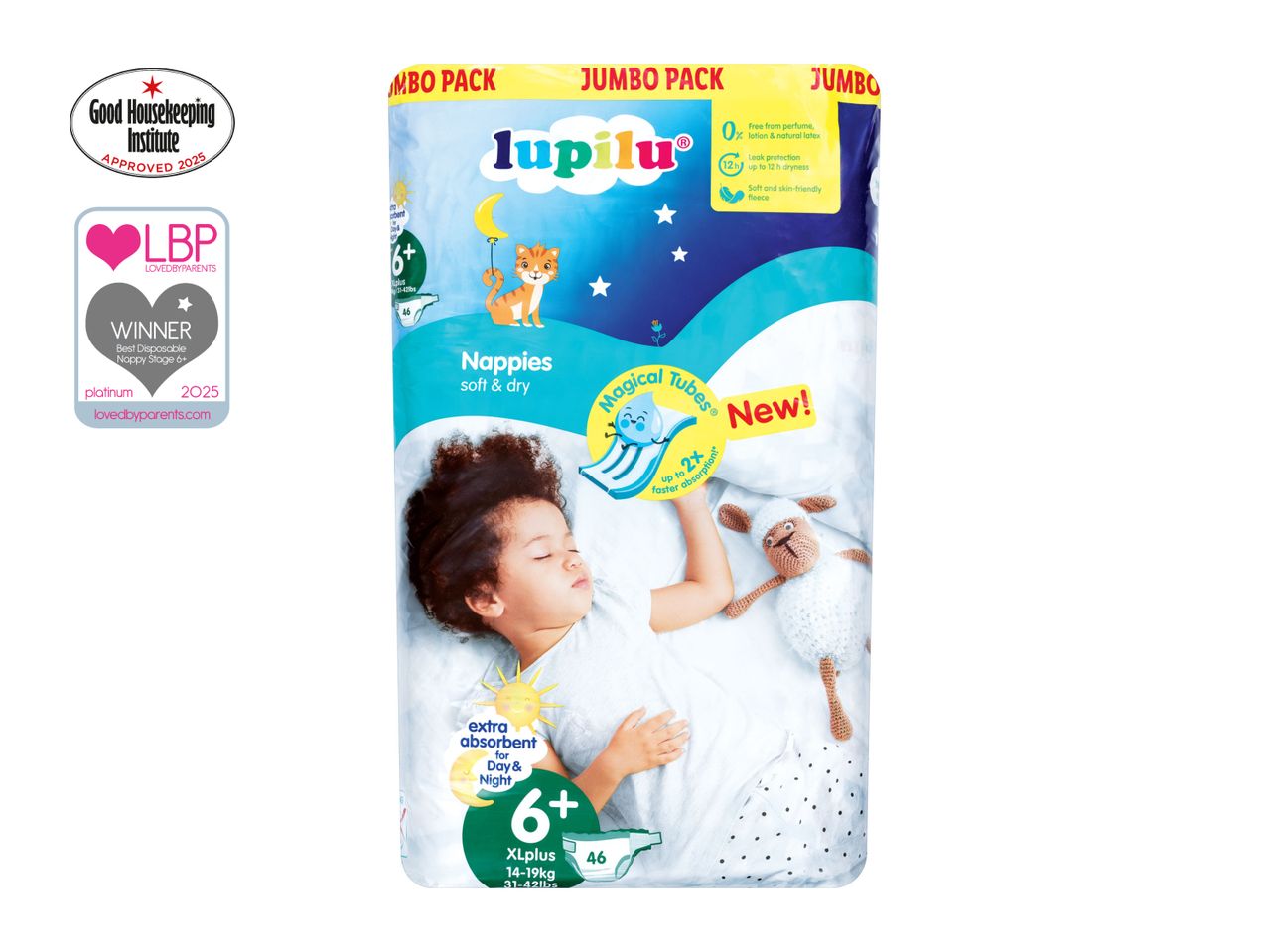 LoopyLoo Night diapers, size 6+, shown on packaging with a child and pet.