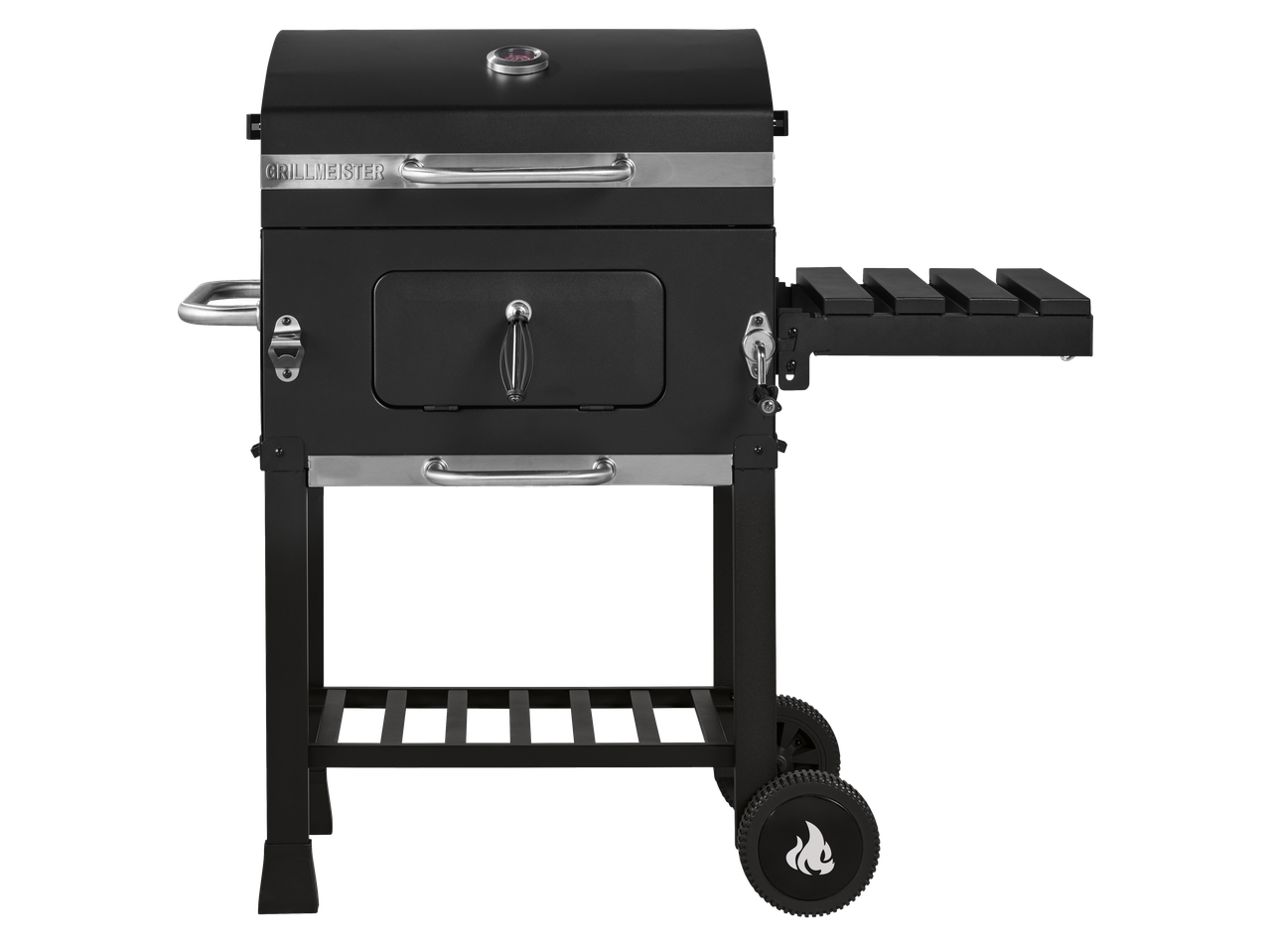 Grelhador a carvão GRILLMEISTER preto com rodas e prateleira lateral.