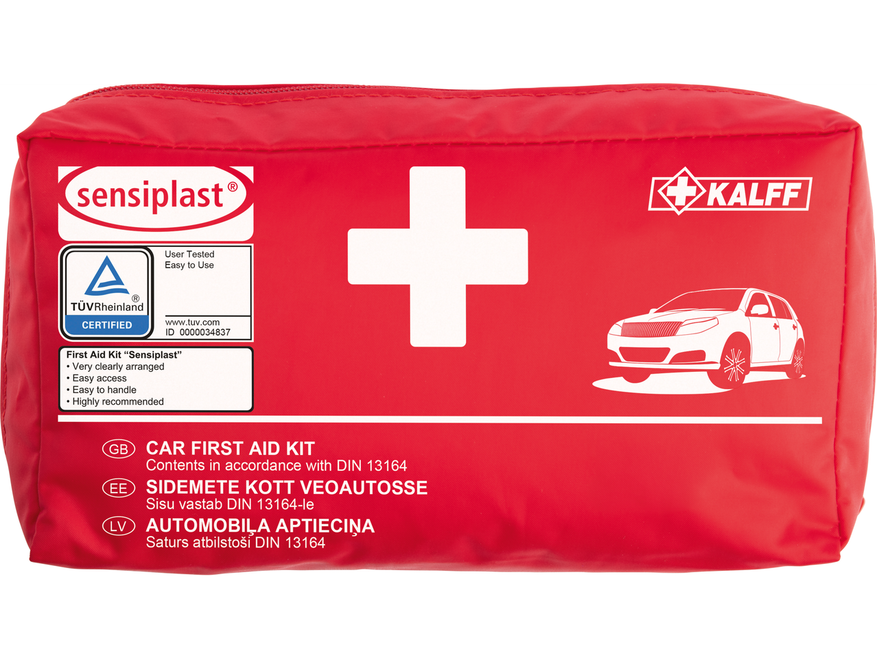Punane Sensiplast autoapteek valge risti ja TÜV Rheinlandi sertifikaadiga.