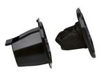 Black vacuum cleaner filter and dust bag, separated on a white background.