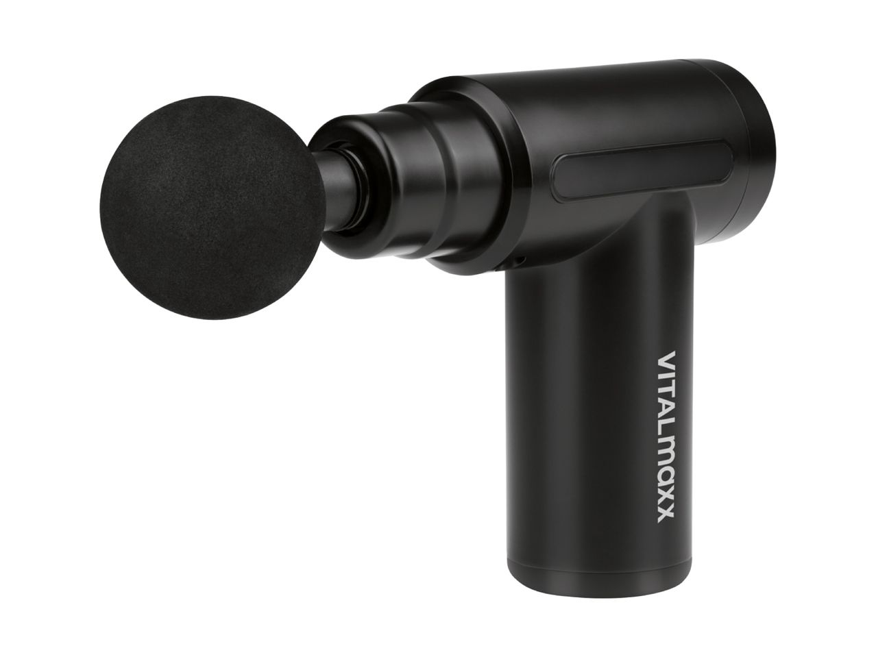 Black massage gun with a round foam attachment, featuring text on the handle.