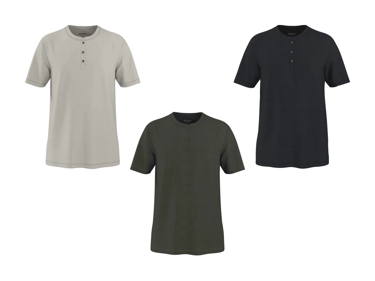Trois t-shirts henley à manches courtes pour hommes en beige, vert foncé et gris foncé.