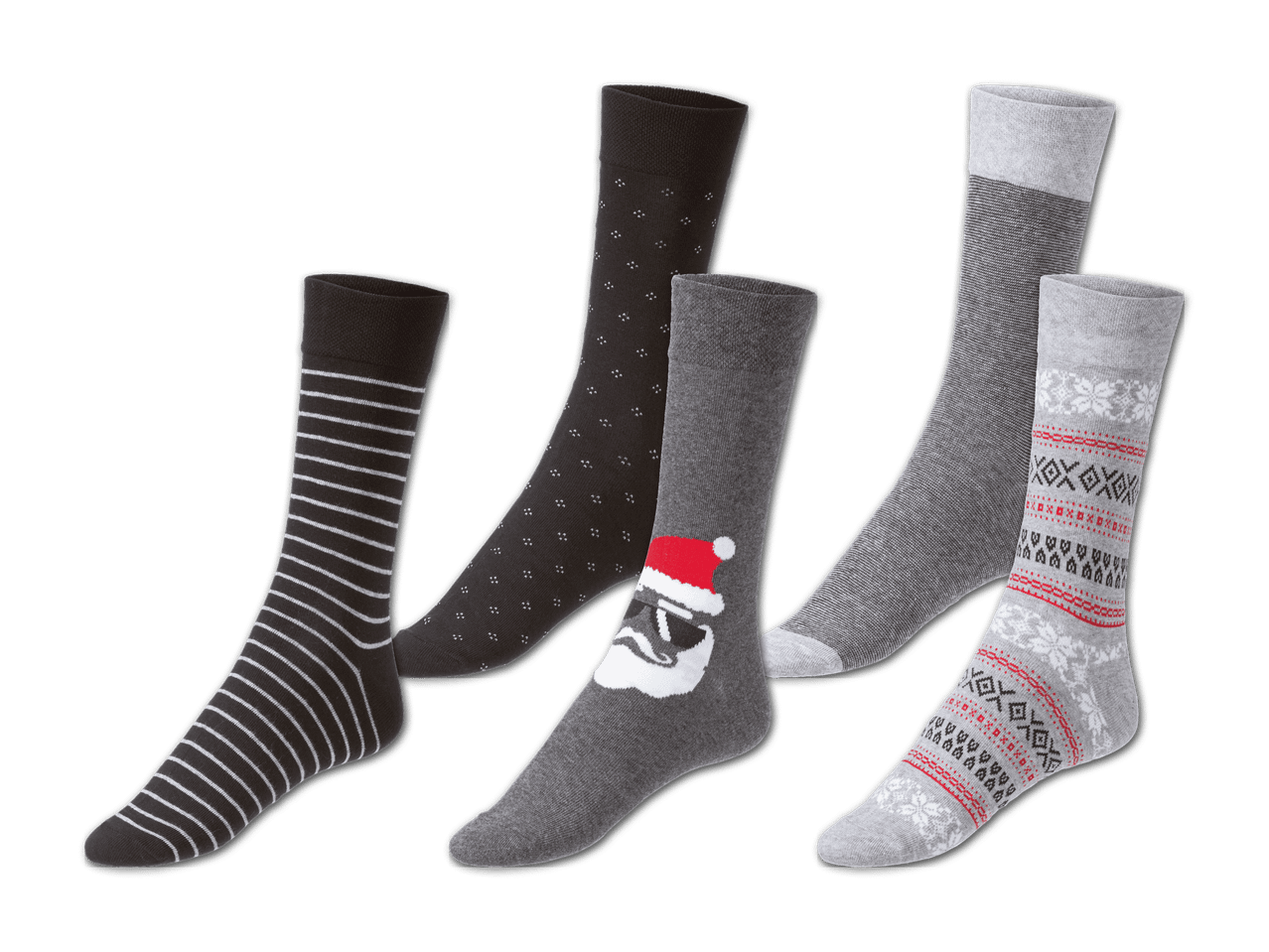 Fünf Paar Socken, darunter gestreifte, gepunktete, eine mit Weihnachtsmann-Stormtrooper und zwei mit nordischen Mustern.