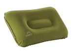 Green inflatable camping pillow with a central indentation and a logo.