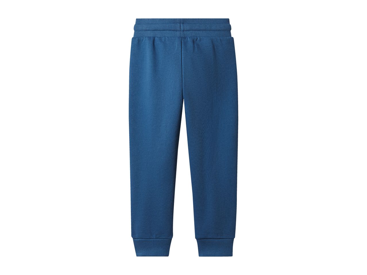 Blue sweatpants with an elastic waistband and ribbed cuffs.