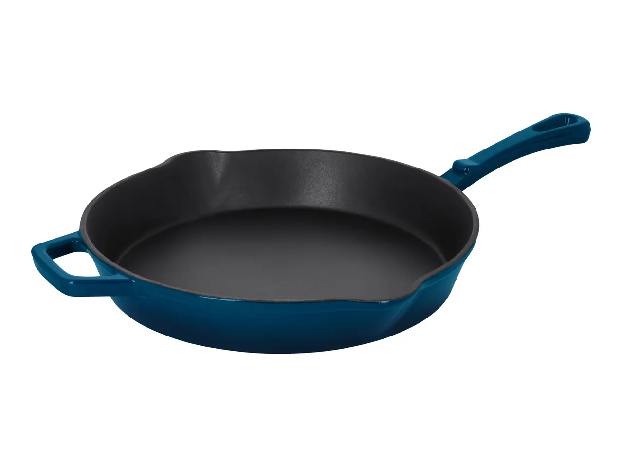 Blue cast iron frying pan with a black interior and two handles