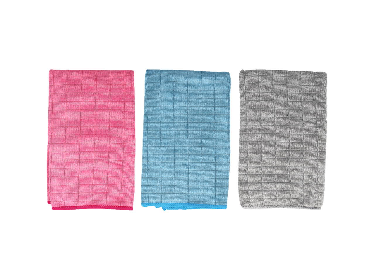 Panos de microfibra rosa, azul e cinza.